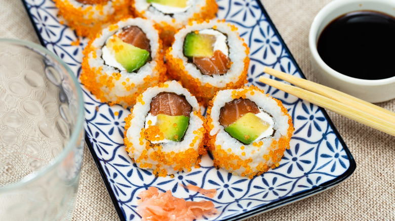 Sushi rolled in masago