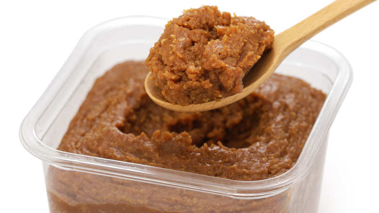 wooden spoon of miso paste over plastic container
