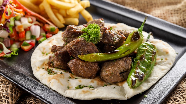 Lamb meat on flatbread