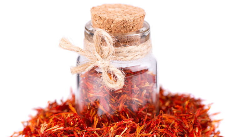 Saffron threads in glass jar