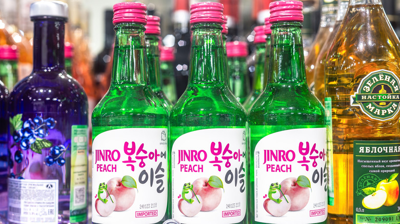 Bottles of soju on a store shelf