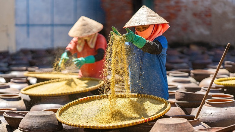 Two people making soy sauce