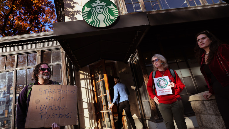 Starbucks protesters standing near store