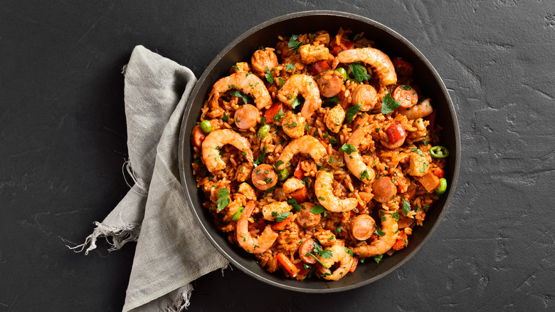 Creole style jambalaya with prawn, sausages, and vegetables 