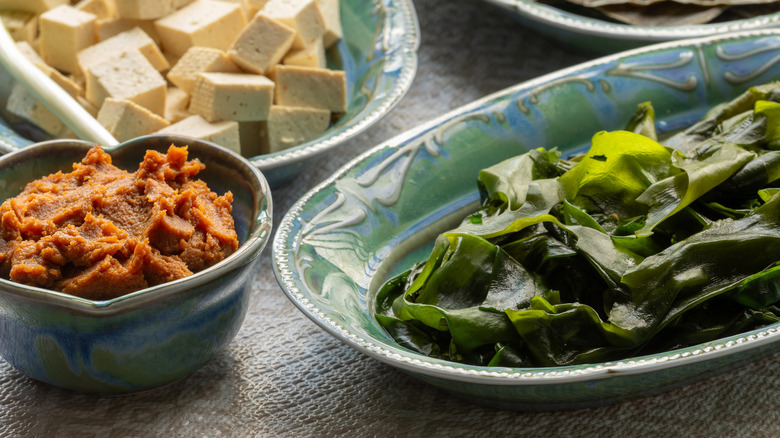 Tofu, miso paste, and kelp for miso soup