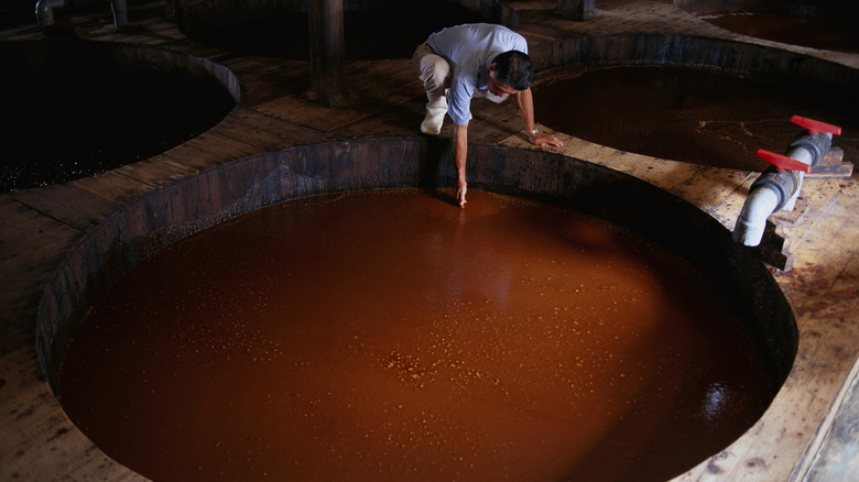 Aging soy sauce in barrel