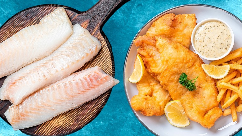 Composite image, raw fish and battered fish