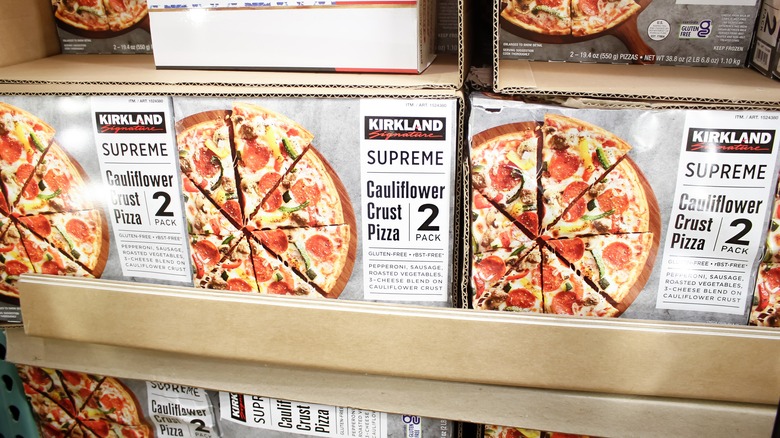 Boxes of Kirkland supreme cauliflower crust frozen pizza