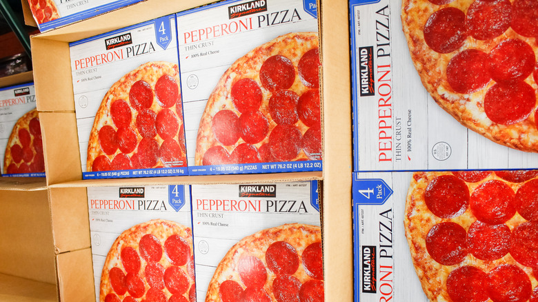 Boxes of Kirkland frozen pepperoni pizza