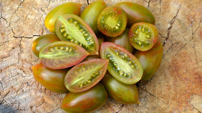 Green tomatoes cut lengthwise and crosswise