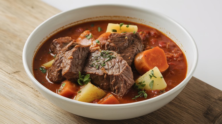 Plate filled with beef stew wooden table