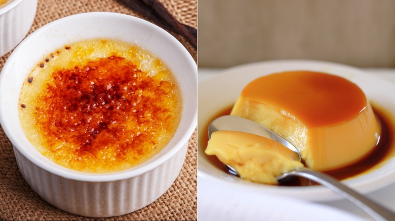 crème brûlée being torched in a ramekin