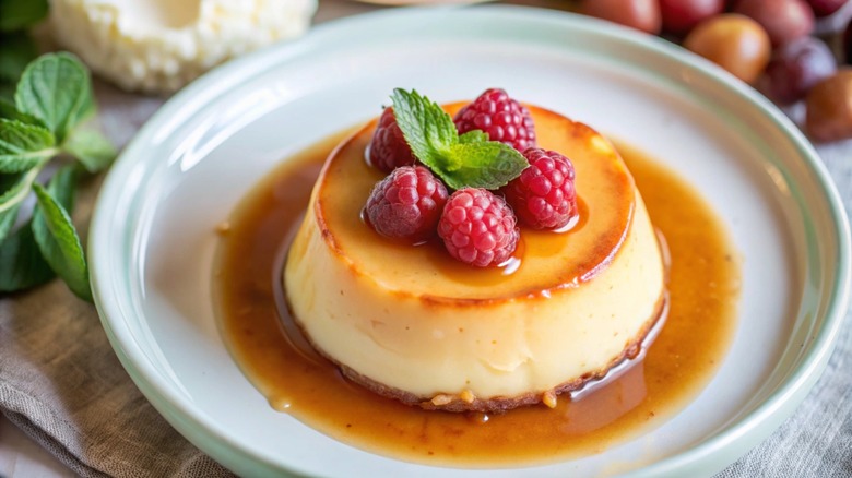 flan glazed in caramel and topped with raspberries