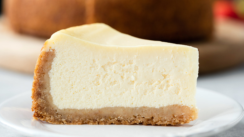 Close up of baked cheesecake slice on a plate