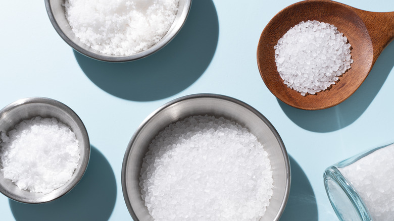 Various types of salt in bowls and spoons on a flat lay