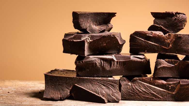 A heap of broken chocolate pieces.