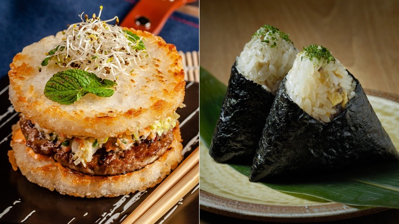 Composite image of rice bun burger and onigiri