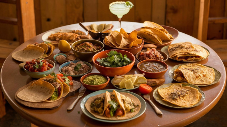 Assortment of Mexican dishes on a round table