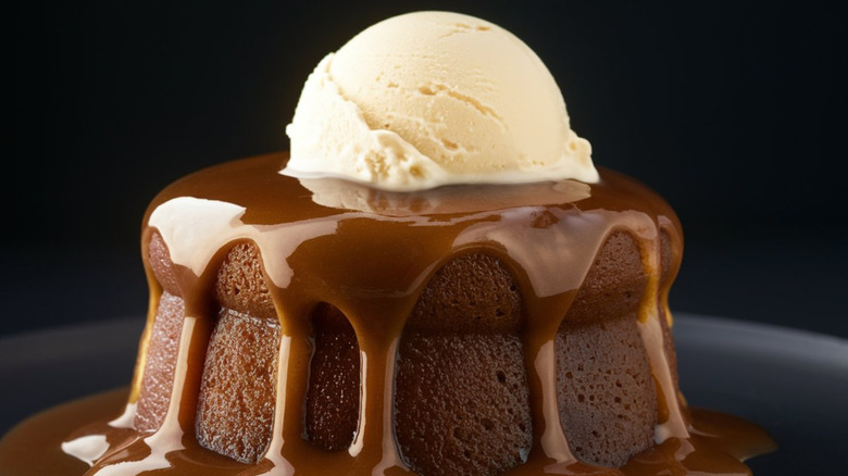 Sticky toffee pudding served with a scoop of ice cream.