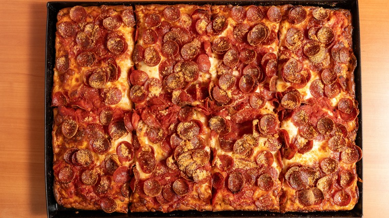 Sicilian pizza with cupping pepperoni