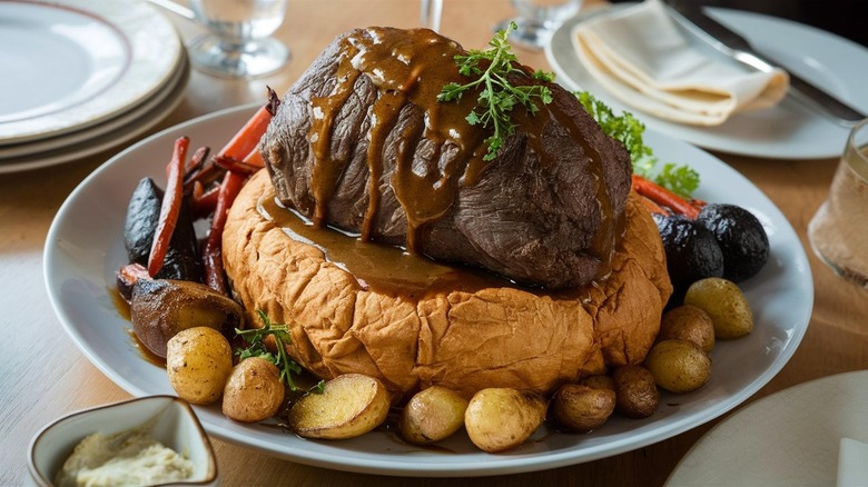 Sliced roast beef with gravy on top of a Yorkshire pudding