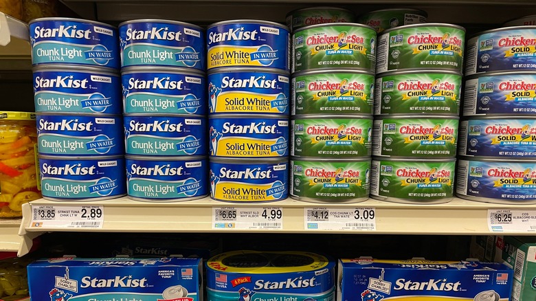 Canned tuna on a store shelf