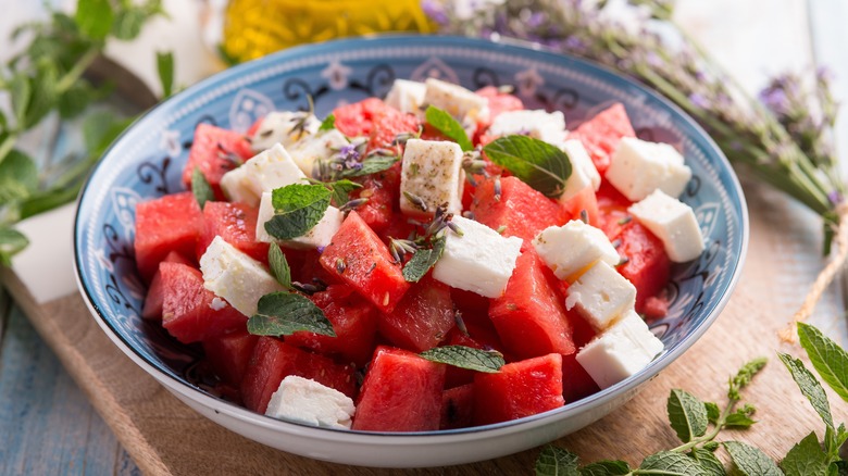 Watermelon, feta, and mint in a bowl