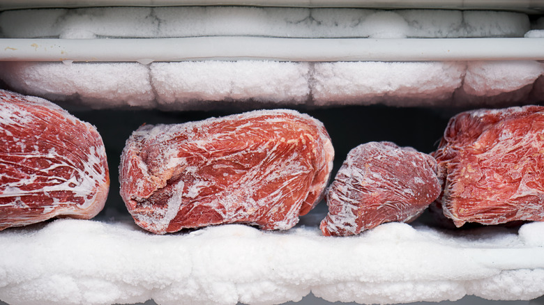 Four cuts of marbled beef in a frosty freezer, unwrapped