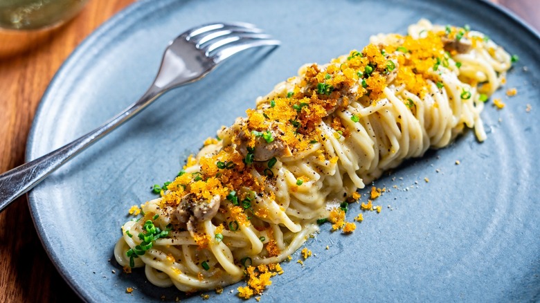 pasta on blue plate