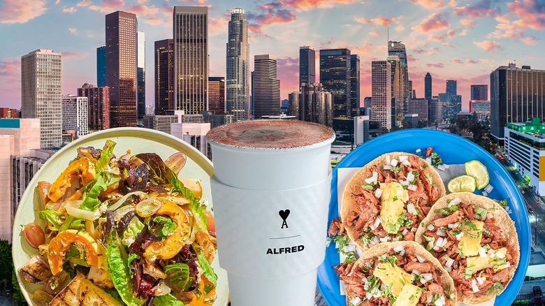 salad, coffee, and tacos against LA skyline