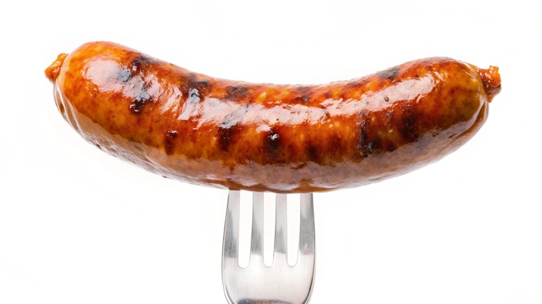 german sausage on a fork