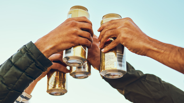 Cheersing cans of beer outdoors