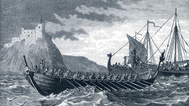 a Viking ship sails by a castle in a wild sea