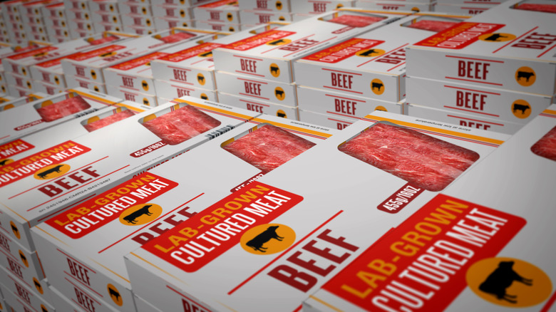 Boxes of lab-grown meat are stacked on top of one another.