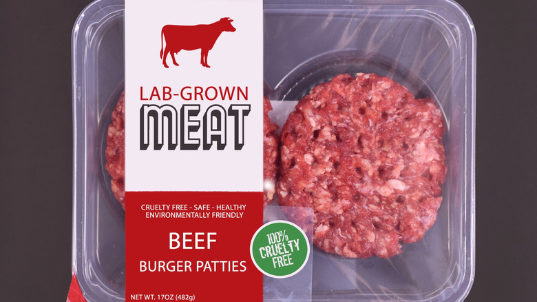 Lab-grown meat is wrapped in plastic packaging.