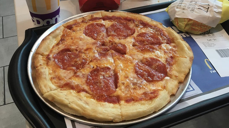 McDonald's pepperoni pizza on a restaurant tray