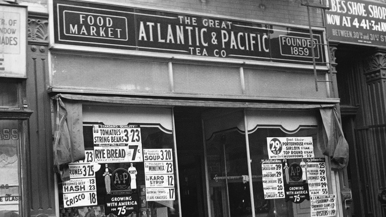 Black-and-white old A&P storefront