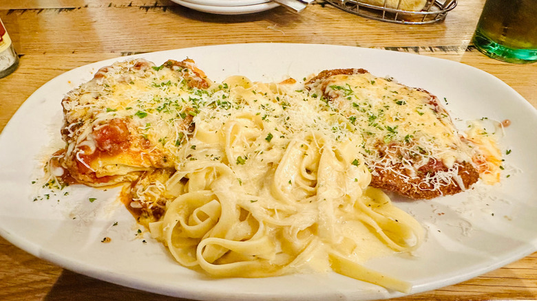 Olive Garden fettuccine Alfredo with chicken Parmigiana and lasagna