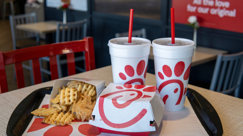 Chick-fil-A meal and drinks on a tray