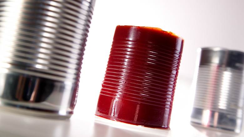 Ribbed cranberry jelly next to ribbed cans