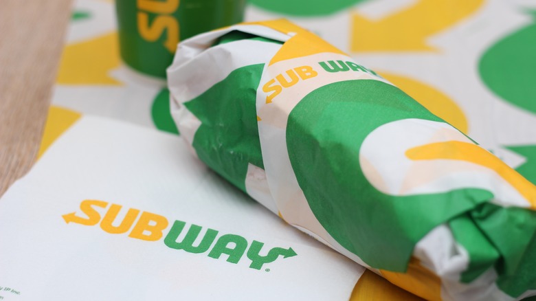 a Subway sandwich wrapped up