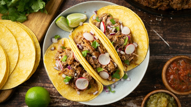 A plate of three carnitas tacos topped with cilantro, onions, and radishes.