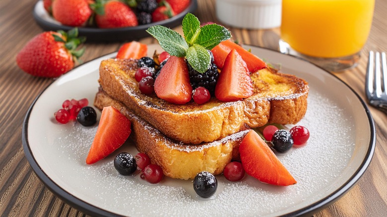 Plate of French toast with fruit