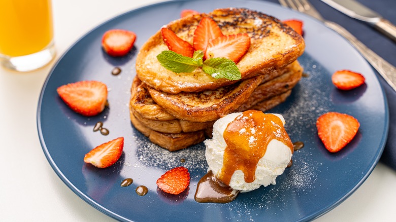 French toast with a scoop of vanilla ice cream