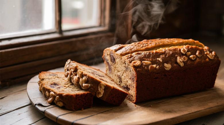 A lovely loaf of banana bread sliced fresh from the oven.