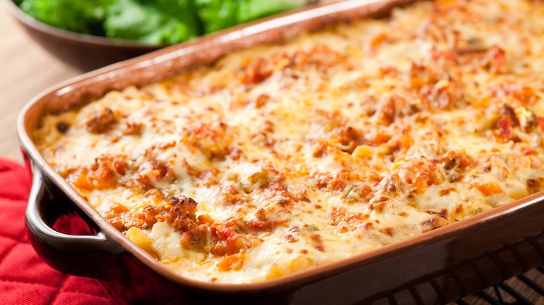 pan of cheesy, meaty lasagna