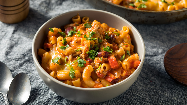 A bowl of chili mac and cheese