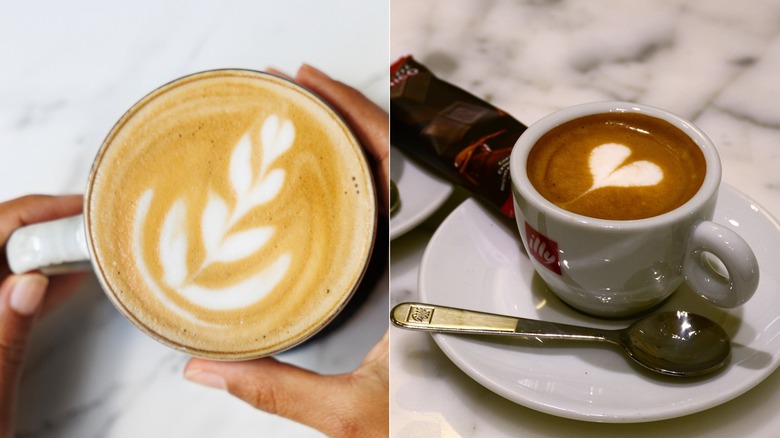 A hand holding a latte (left) and a macchiato on a table (right).