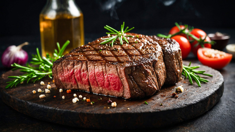medium-rare steak with a rosemary garnish