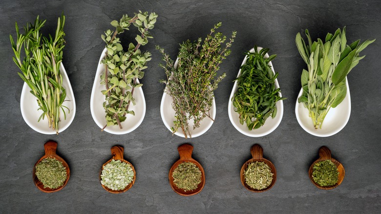 Bowls of fresh and dried herbs